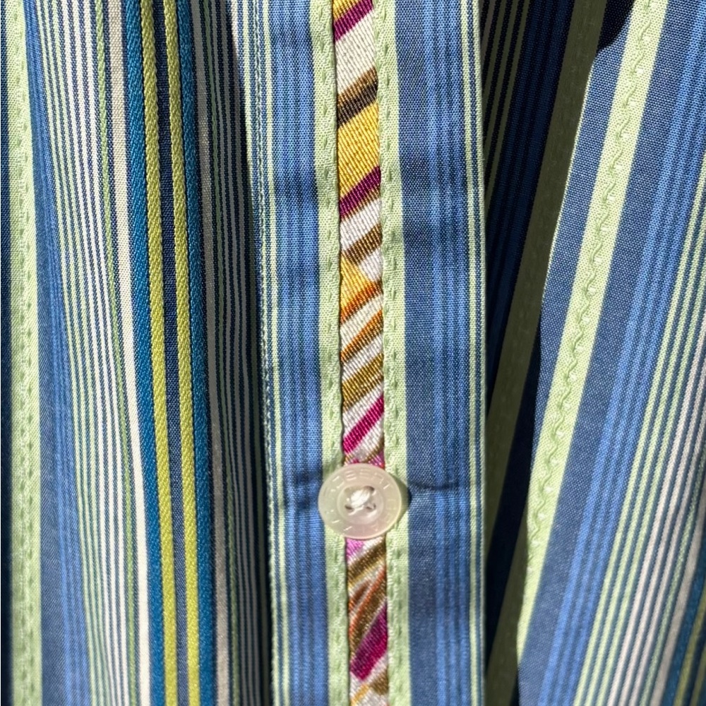 Robert Graham Blue & Green Striped Button Down Shirt Flip Cuffs w/Floral Design - Picture 5 of 12